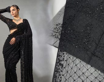 Black colour Sequin Embroidery Saree: Net saree Indian Wedding Outfit