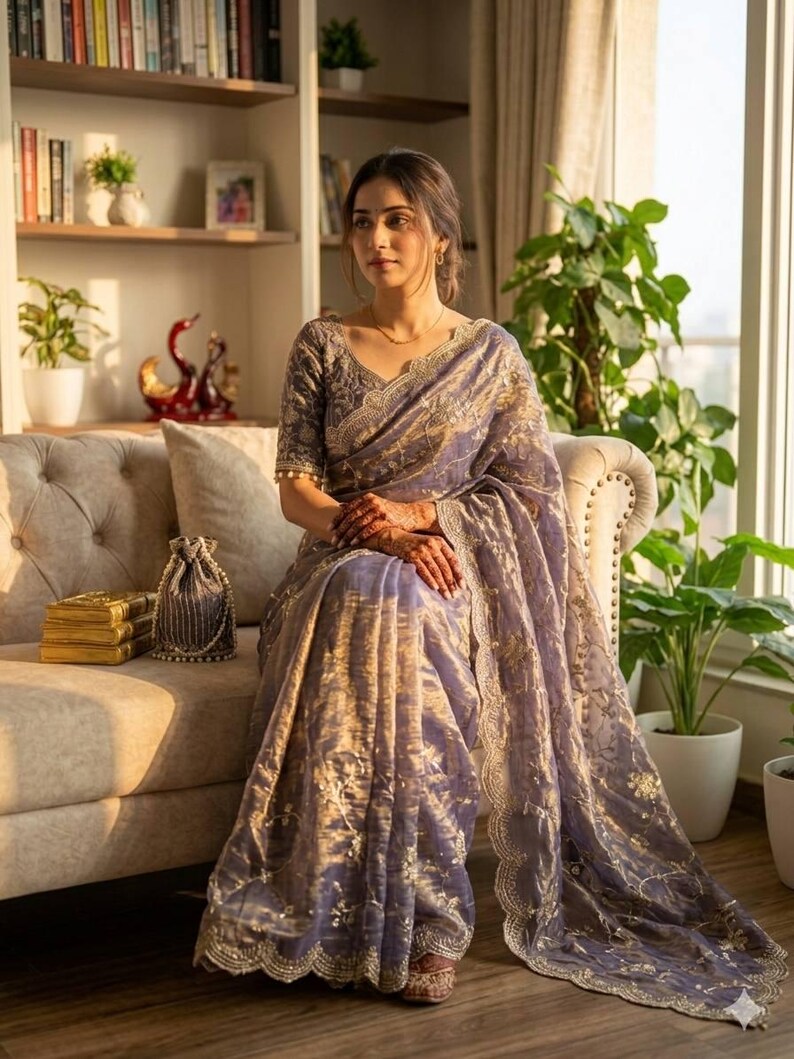 May include: A woman wearing a lavender sari with gold embroidery, seated on a beige sofa. The sari features intricate floral patterns and a scalloped border. The woman is wearing a matching blouse with short sleeves and gold trim.