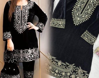 BlackColour Velvet Pakistani Salwar Kameez with Embroidery & Dupatta