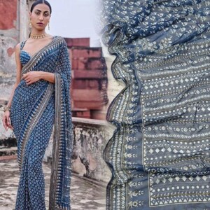 Beautiful Indian Party Wear Georgette Embellished With Beautiful Floral Print With Beautiful Cutdana Work With Real Mirror Work saree