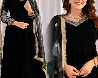 Black velvet Anarkali gown Pakistani Designer salwar kameez Indian Wedding Gown