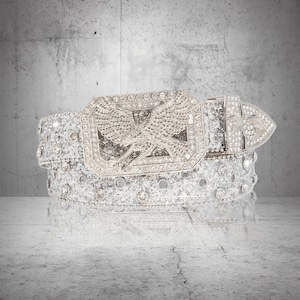 Y2K Western Belt Weiß, Adler-Schnalle mit Strass & Nieten, Cryoangel, Glam Gothic 2000er Streetwear Statement Gürtel, White