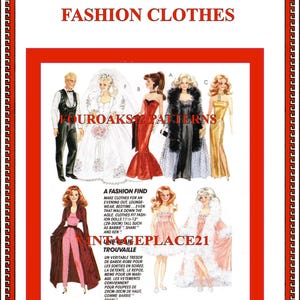 May include: "Barbie & Ken" fashion clothes pattern sheet. The image shows illustrations of doll fashions, including wedding gowns, evening wear, and casual outfits. Text includes "A Fashion Find" and "Vintageplace21".