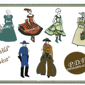 May include: Illustration of Wild West attire, including dresses, a blue uniform, and cowboy outfits. The image features text that reads "Wild West" and a circular logo with the text "P.D.F. VINTAGEPLACE21".