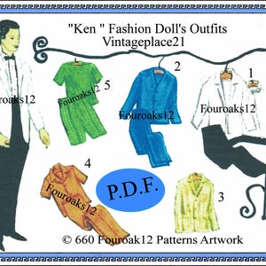 May include: Illustration of "Ken" fashion doll outfits. The image shows a drawing of a man in a tuxedo, and several outfits: a green short-sleeved shirt and shorts, a blue suit, a white jacket and black pants, an orange pajama set, and a yellow jacket.