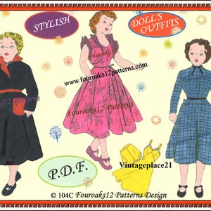 May include: Vintage doll outfit patterns in a framed image. The image features three doll illustrations wearing different outfits: a black coat with red pockets, a pink dress, and a blue plaid dress. Text includes "STYLISH", "DOLL'S OUTFITS", and "P.D.F."