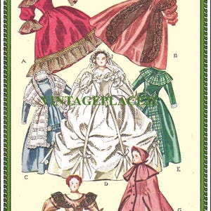 May include: Vintage fashion illustration featuring seven different dresses in various styles and colors. The dresses include a red gown with gold trim, a pink dress with black lace, and a white wedding dress. The image has the text "VINTAGEPLACE21".