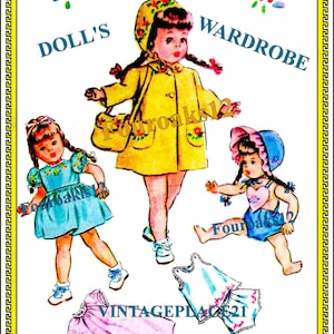 May include: Vintage illustration of a doll's wardrobe, featuring three dolls in various outfits. The central doll wears a yellow coat and hat. Other dolls are in blue and pink dresses. The image has the text "DOLL'S WARDROBE".