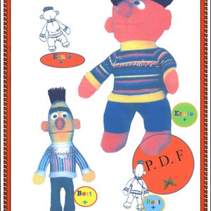May include: An image featuring two plush dolls of the Sesame Street characters Ernie and Bert. Ernie is red with a black hair and a striped shirt. Bert is yellow with a striped shirt and black hair. The image has a decorative border.