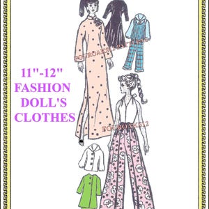 May include: A sewing pattern for 11-12 inch fashion doll clothes featuring illustrations of various outfits including a polka dot gown, a plaid ensemble, a floral jumpsuit, and a jacket and skirt set with the text BARBIE & FRIEND'S FASHION DOLL'S CLOTHES.