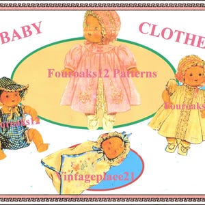 May include: Vintage illustration featuring baby clothes. The image shows three dolls wearing different outfits, including a pink dress, a yellow dress, and a blue and white checkered romper. The text "BABY CLOTHES" is at the top.
