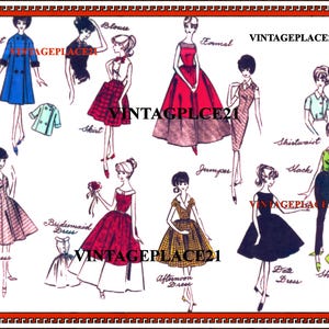 Puede incluir: Ilustración de moda vintage con varios atuendos femeninos, incluyendo un abrigo, blusa, falda, vestido formal, jersey, camisa y pantalones cortos. La imagen tiene el texto "VINTAGEPLACE21" y está enmarcada con un borde decorativo.