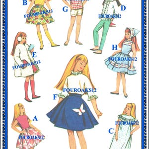 May include: A vintage sewing pattern illustration featuring eight dolls labeled A through H, each wearing different outfits including dresses, skirts, tops, and pants. The text "FOUROAKS12" and "FOUROAKS12 PATTERNS" is printed across the image.
