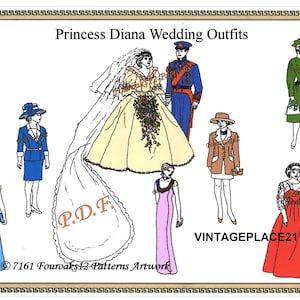 Peut inclure: Illustration des tenues de mariage de la princesse Diana. L'image présente diverses tenues, dont une robe jaune, un tailleur bleu, une robe de mariée avec une longue traîne et une robe rouge. Le texte "Princess Diana Wedding Outfits" est en haut.