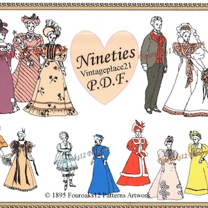 May include: Illustration of vintage fashion from the 1890s, featuring women's dresses and men's suits. The image includes a bride and groom, along with various other figures in period attire. The text "Nineties Vintageplace21 P.D.F." is visible.