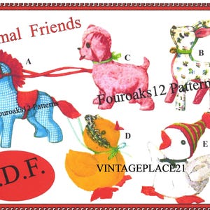May include: An image featuring five fabric animal toys: a blue horse, a pink dog, a deer with floral patterns, a yellow duck, and a white goose. The text "Animal Friends" and "P.D.F." are visible.