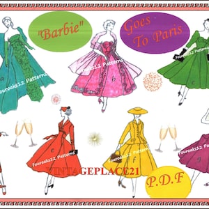 May include: A vintage fashion illustration featuring dresses and suits in colours such as green, pink, red, and yellow. The image includes the text "Barbie Goes To Paris" and "VINTAGEPLACE21".