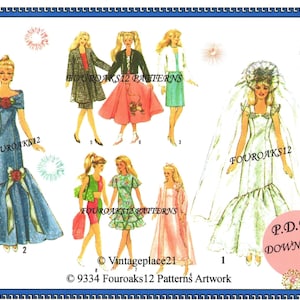 Puede incluir: Ilustración de un patrón de costura vintage con diseños de moda. La imagen muestra varios atuendos, incluyendo un vestido de novia, un vestido formal y ropa casual. El texto "FOUROAKS12 PATTERNS" y "P.D.F. DOWNLOAD" son visibles.