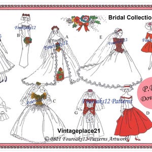 Puede incluir: Dibujos lineales de vestidos y vestidos de novia, incluyendo un vestido de manga larga, un vestido de baile y un vestido corto. La imagen incluye el texto "Bridal Collection" y "P.D.F. Download". La imagen también incluye el texto "Vintageplace21".
