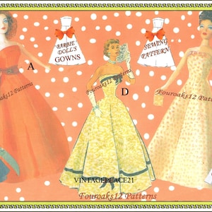 May include: A digital sewing pattern for doll gowns featuring illustrations of three dolls in formal dresses: a solid orange gown, a yellow patterned gown, and a dark blue gown. The image includes text reading BARBIE DOLL'S GOWNS, SEWING PATTERN, and P.D.F.