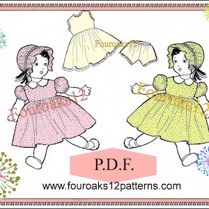 May include: Illustration of two children's dresses, a pink and a yellow one, with matching bonnets and bloomers. The dresses have a polka dot pattern. The image also includes a dress and bloomers, and the text "P.D.F." and "www.fouroaks12patterns.com".