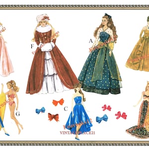 May include: A vintage fashion illustration showcasing various dress designs. The image includes a selection of gowns, such as a pink gown, a blue and green gown, a strapless blue dress, and a mermaid-style gown. Several decorative bows are also present.