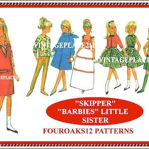 May include: A sewing pattern illustration featuring Skipper, Barbie's little sister, wearing various outfits including a red dress, floral top with yellow pants, blue coat, white skirt, and green plaid dresses with the text "SKIPPER" "BARBIES" LITTLE SISTER.