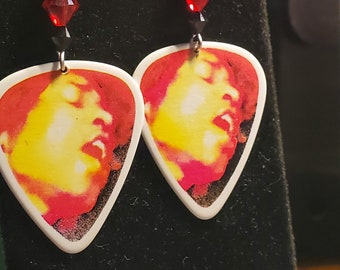 Jimi Hendrix Guitar Pick Earrings , Repurposed guitar picks. Sterling Silver ear wires crystals