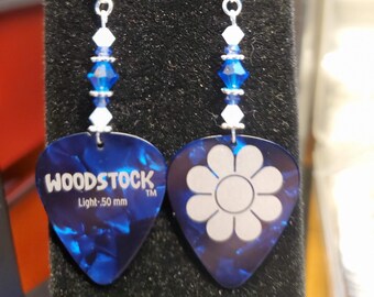 Woodstock guitar pick earrings, Pearly blue and silver.
