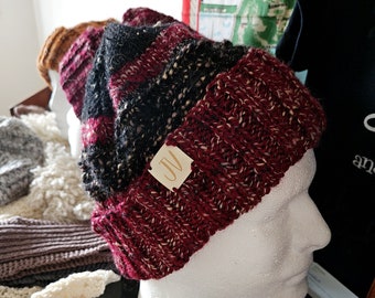 Mens Hand Knitted Winter Hat, Black Tweed, Merlot .