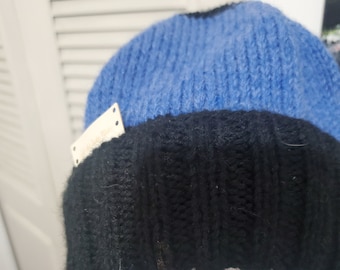Hand Knitted Women's hat, Blue and black.