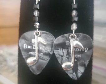 Guitar Pick Earrings. Musical Note  Gray and Silver