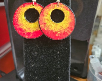 Hand painted wood earrings. My own design. Red and Yellow, light weight.