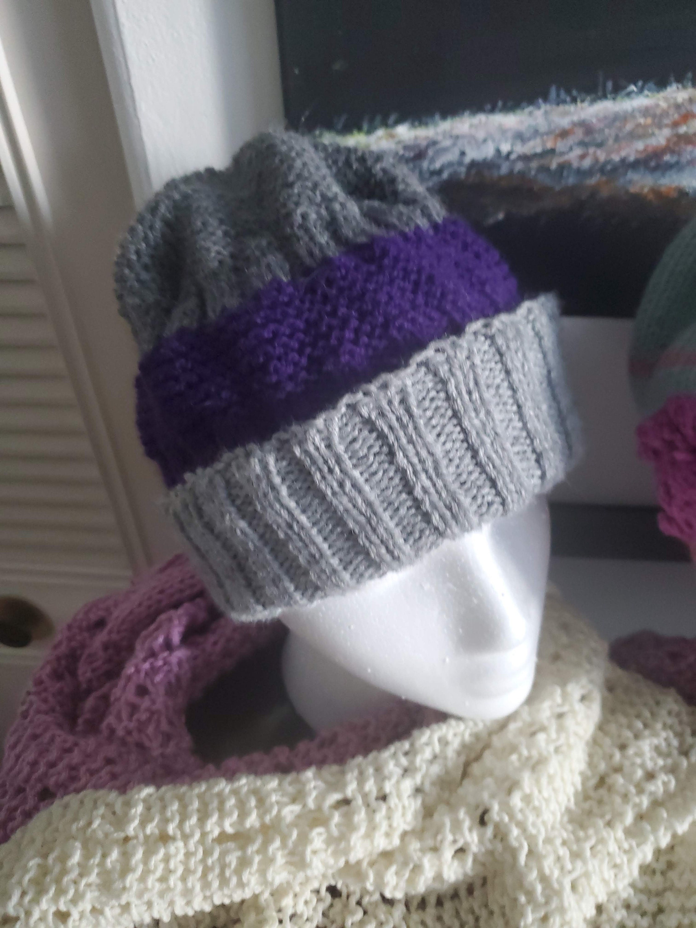 Hand Knitted Purple & Grey Hat Hand-knit reflective pom pom hat - pink, grey, purple  main image 4