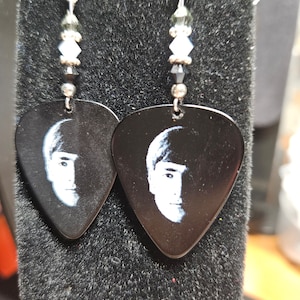 Repurposed Meet The Beatles guitar pick earrings. John and George
