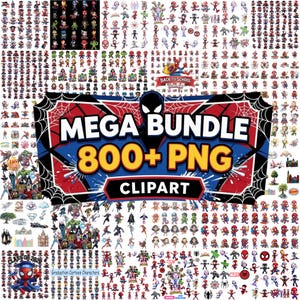 Può includere: Una collezione digitale di oltre 800 file clipart PNG raffiguranti vari personaggi supereroi dei cartoni animati, tra cui Spider-Man, in formato collage. La grafica centrale mostra il testo MEGA BUNDLE 800+ PNG CLIPART su un design a ragnatela.