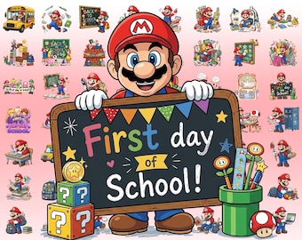 Back To School Super Mario PNG Bundle, Mario Luigi Princess Peach School Clipart PNG Files Digital Download