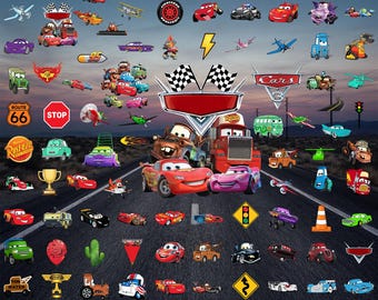 Paquete gigante de más de 100 imágenes PNG de coches, incluyendo a Lightning McQueen y Tow Mater. Personajes de dibujos animados en PNG. Ideal para cumpleaños, camisetas, adornos para pasteles y sublimación.