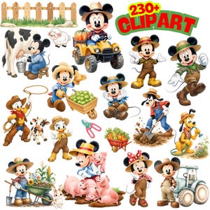 Pode incluir: Uma coleção de clipart de personagens da Disney com Mickey, Minnie, Pato Donald, Margarida e Pluto vestidos de fazendeiros. As imagens incluem personagens com tratores, carrinhos de mão, porcos, vacas e ferramentas de jardim.