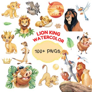 May include: Watercolor illustrations of characters from The Lion King. The image includes Simba, Timon, Pumbaa, Scar, and other characters. The text "Lion King Watercolor" and "100+ PNGs" are also included in the image.