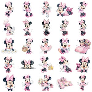 May include: A collection of Minnie Mouse illustrations in various poses. Minnie is depicted in a pink dress, bow, and shoes. Some illustrations show Minnie with flowers, a car, and a basket. The background is white.