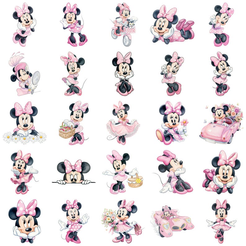 May include: A collection of Minnie Mouse illustrations in various poses. Minnie is depicted in a pink dress, bow, and shoes. Some illustrations show Minnie with flowers, a car, and a basket. The background is white.
