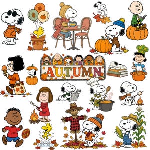 Könnte beinhalten: Eine Sammlung von Peanuts-Figuren wie Snoopy, Charlie Brown und Lucy in verschiedenen Herbstszenen. Die Illustrationen zeigen Kürbisse, Herbstblätter, Lagerfeuer und ein Schild mit dem Wort AUTUMN, alles im klassischen Cartoon-Stil gehalten.