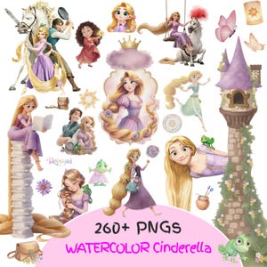 Puede incluir: Una colecci&oacute;n de ilustraciones en acuarela con personajes y elementos de la historia de Rapunzel. Las im&aacute;genes incluyen a Rapunzel con pelo largo y rubio, una torre y el texto "260+ PNGs WATERCOLOR Cinderella."
