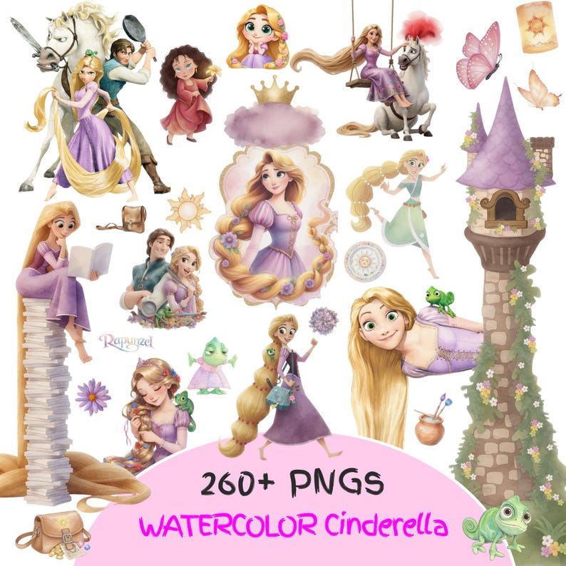 Puede incluir: Una colecci&oacute;n de ilustraciones en acuarela con personajes y elementos de la historia de Rapunzel. Las im&aacute;genes incluyen a Rapunzel con pelo largo y rubio, una torre y el texto "260+ PNGs WATERCOLOR Cinderella."