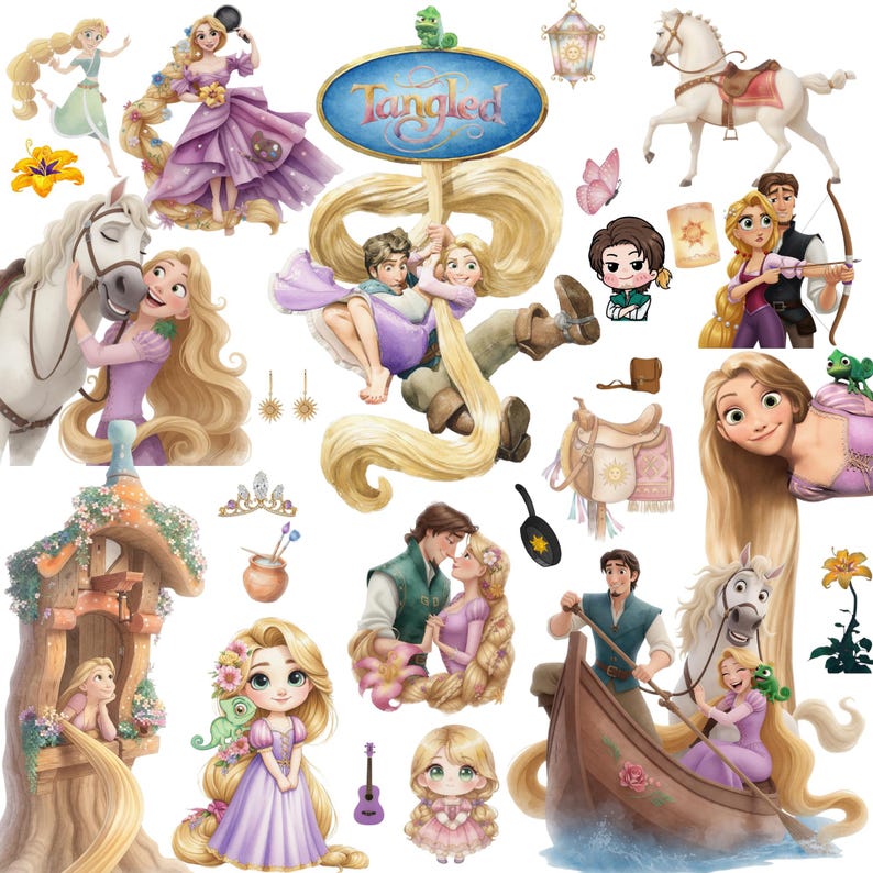 Puede incluir: Una colecci&oacute;n de ilustraciones en acuarela con personajes y elementos de la pel&iacute;cula animada "Enredados". Las im&aacute;genes incluyen a Rapunzel, Flynn Rider, caballos, un bote y el logotipo de la pel&iacute;cula. La paleta de colores es suave, con morados, amarillos y verdes.