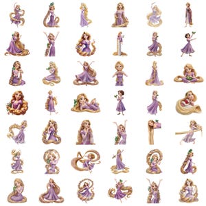 Puede incluir: Una colecci&oacute;n de pegatinas de Rapunzel en varias poses. Cada pegatina presenta a Rapunzel con cabello rubio largo, vistiendo un vestido morado. Algunas pegatinas la muestran con flores o en diferentes poses de acci&oacute;n. Las pegatinas son coloridas y detalladas.