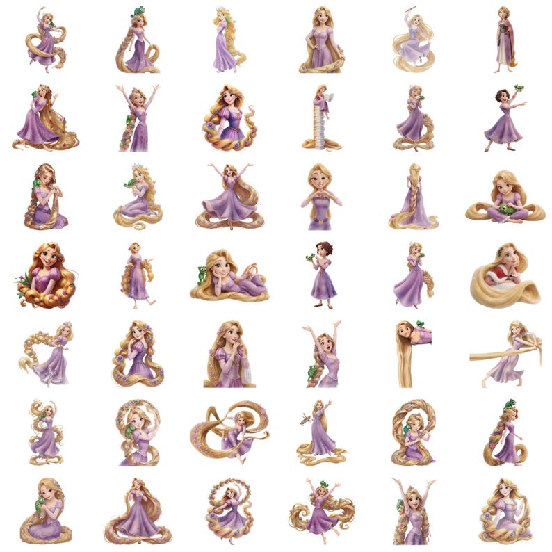 Puede incluir: Una colecci&oacute;n de pegatinas de Rapunzel en varias poses. Cada pegatina presenta a Rapunzel con cabello rubio largo, vistiendo un vestido morado. Algunas pegatinas la muestran con flores o en diferentes poses de acci&oacute;n. Las pegatinas son coloridas y detalladas.