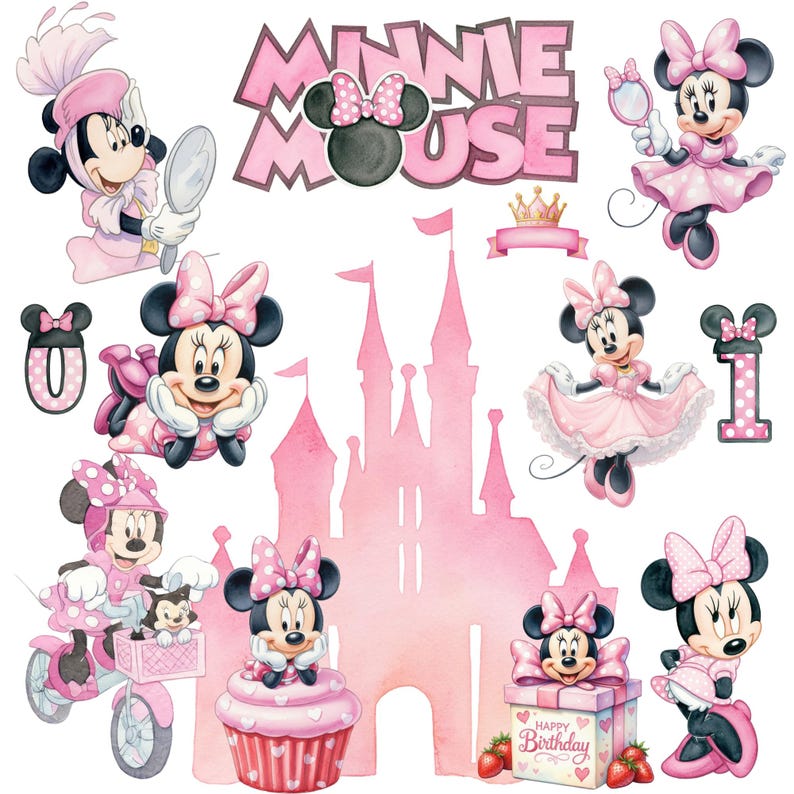 May include: A collection of pink Minnie Mouse illustrations, including Minnie in various poses, a castle silhouette, and the words "Minnie Mouse." The images feature Minnie with bows, dresses, and accessories, with a "Happy Birthday" gift box.