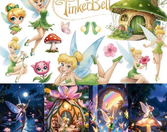 120+ Tinkerbell PNG Clipart Bundle, Cute Fairy Watercolor Clipart, Green Fairy PNG, Mushroom House, Flowers, Butterfly PNG